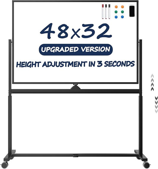 Large Dry-Erase Rolling Magnetic Whiteboard - TSJ OFFICE 48 x 32 Inches Dry Erase Board with Stand Height Adjust Double Sides Mobile White Board Easel on Wheels Office, Home & Classroom