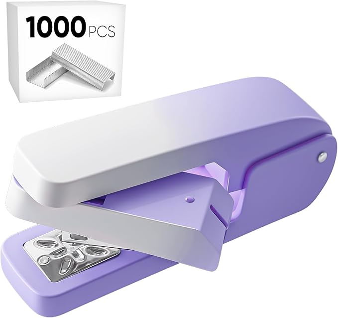 Office Desk Swing-Arm Swivel Stapler, 25 Sheets Capacity, 360 Degree Rotate Small Compact Desk Staplers with 1000 Staples for Booklet, Book Binding, Brochures Newspapers - Purple