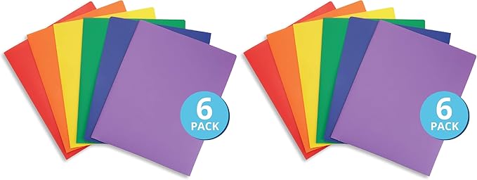 Blue Summit Supplies 12 Pack Multicolor Two Pocket Plastic Folders with Pockets, Heavy Duty Colored 2 Pocket Plastic Folders for School, and Business Card Slot, Home, and Work