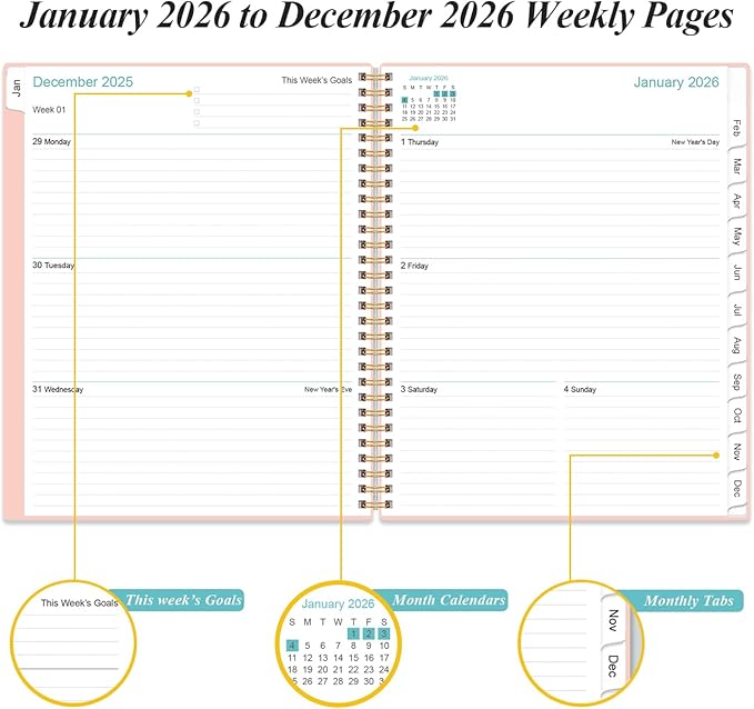 Planner 2026 For Women & Men - Monthly and Weekly Calendar Planner from January 2026 - December 2026, Student Planning with 12 Tabs for Office School Supplies, Inner Pocket, 8.5" x 11", Pink
