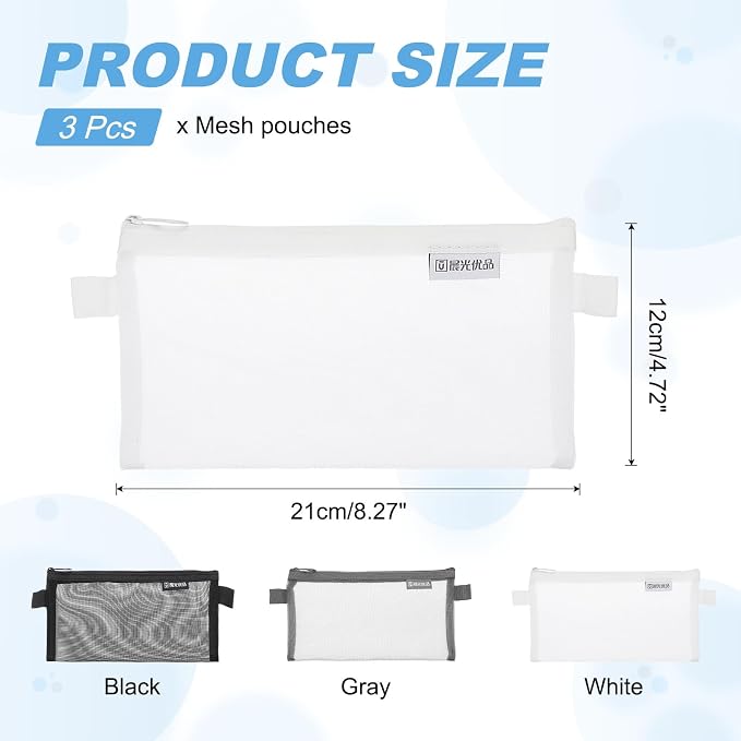 PATIKIL 3Pack Mesh Zipper Pouch Bags, 8.3" x 4.7" Nylon Mesh Pouch Waterproof Cosmetic Bags Pencil Holders Documents Pocket for Organization Travel Accessories Office Supplies, White
