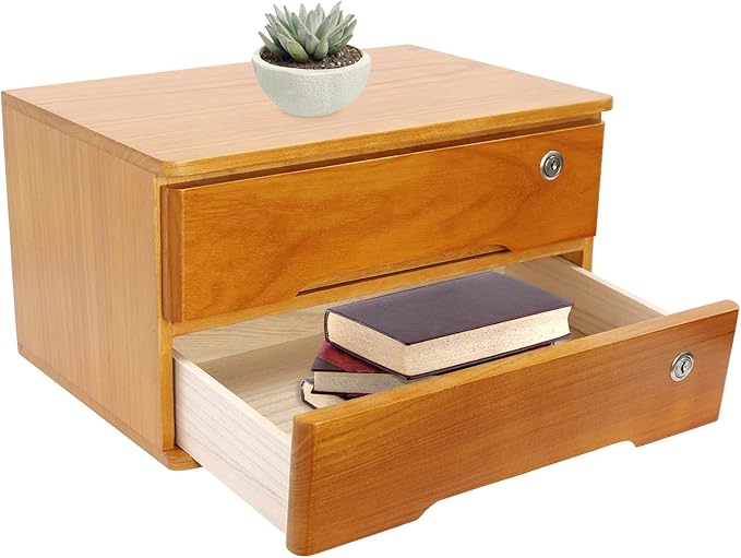 Lockable Desk Organizer Wooden Desktop Drawers Office Flat Files Storage Box Locking Countertop Storage Cabinet (Wood Yellow, 2-Tier)