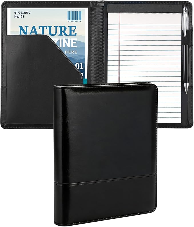 A5 Padfolio Business Portfolio Folder,Junior Size Document Folder Organizer, Padfolio with Interior Pocket and Pen Loop, 5 x 8 Writing Pad Included. Black.