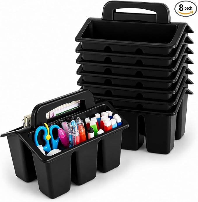 8 Pack Classroom Caddy Storage Basket with Handle 4 Compartment Storage Caddy Plastic Arts Crafts Caddies Protable Classroom Craft Caddies for Kids Schools Art Craft Supplies(Black)
