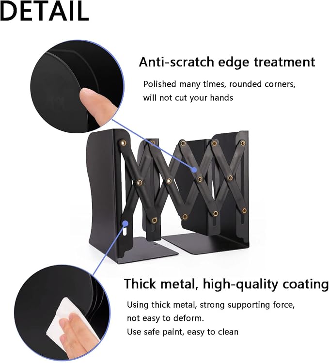 Adjustable Metal Bookends Heavy Duty for Shelves, 2 Dividers, Anti-Slip Design Expandable Book Ends for Desk, Office(Black, 19 inches Max)