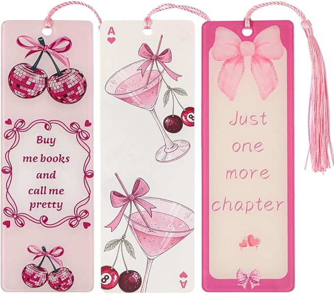 3 Pack Coquette Cherry Bookmarks Set, Cute Girly Acrylic Book Marks with Tassels, Funny Book Lover Gifts for Women (3PCS-Pink)