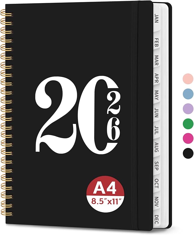 2026 Planner, Weekly and Monthly Calender Planner, Jan 2026 to Dec 2026, Hardcover 2026 Calendar Book with Tabs & Inner Pocket, Office Home School Supplies for Women & Men - A4 (8.5" x 11"), Black
