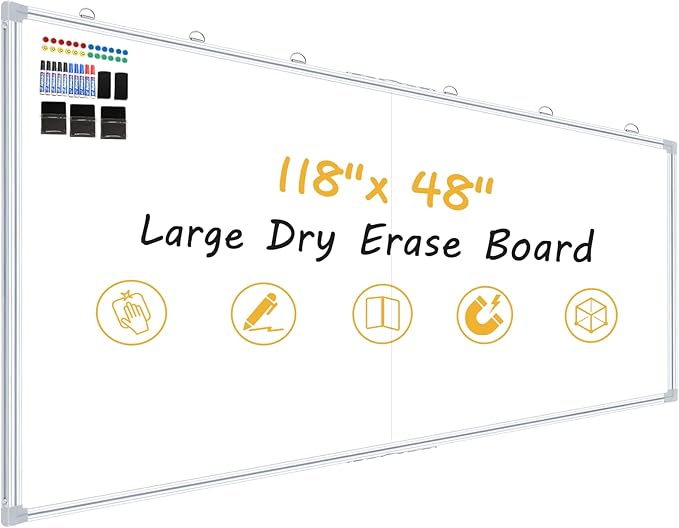 118"X48" Large Magnetic Whiteboard - Dry Erase Board, 10x4 Ft, Foldable Design, Non-Reflective Coating Surface Ultra-Wide Office White board, Silver Frame For Lecture Hall (Full Kit Included)