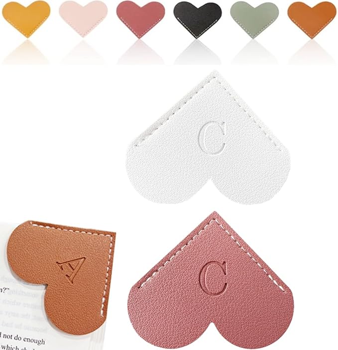 Personalized Leather Heart Bookmark, 26 Letters Customized Corner Book Mark for Reading Women, Book Marker with Initials，Cute Gifts (White+Deep Pink, C)