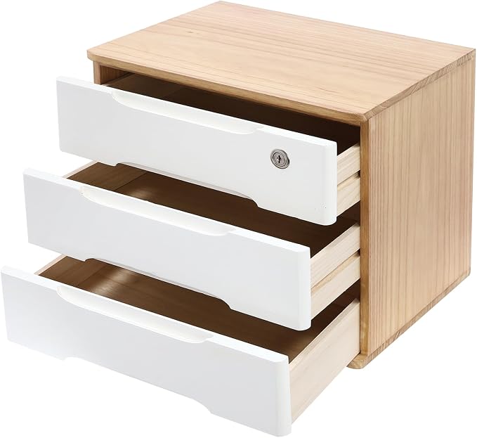 3-Tier Desk Organizer with Lockable Drawers,1 Locks & 2 Keys, Categorized Storage Desktop File Cabinet,Wooden Desktop Storage Box (Wood Color, White)