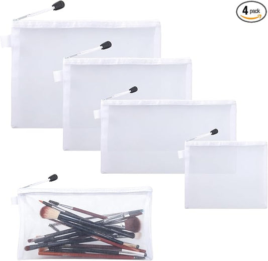 4 Sizes Mesh Pouch, Nylon Mesh Bags With Zipper, Waterproof Clear Purse Organizer Pouches for Travel, Multipurpose Cosmetic Pouch for Office School Puzzles Home Organization - White