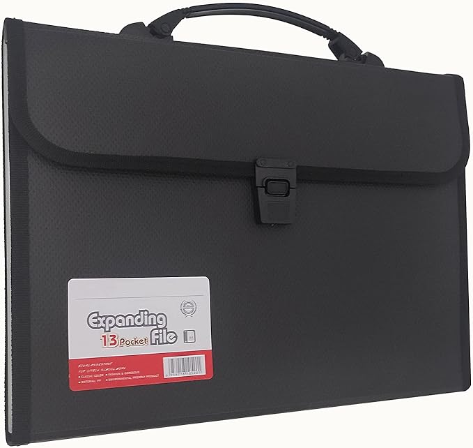 Expanding File Folder with Labels, 13 Pocket Accordion File Organizer, Letter A4 Paper Document Accordion Folder, 1 Pack (Black)