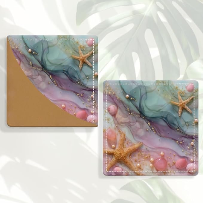 2PCS PU Leather Bookmarks 3.5x3.5 Inch Starfish Pearl Ocean Design | PU leather bookmarks for books with starfish pearl design for beach reads, travel diaries, planners and coastal style fans