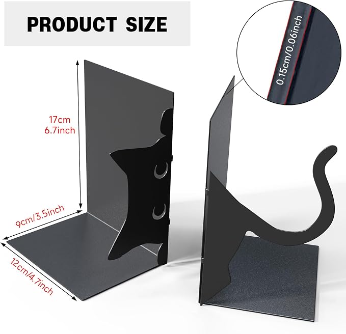 Book Ends Decorative,ENCIMART Book Ends,Metal Bookends,Book Holders for Shelves,Office Decorative Bookends,1.5mm Thickened Book Ends,Bedroom Library Office School Book Desktop Organizer Gift（Cat）