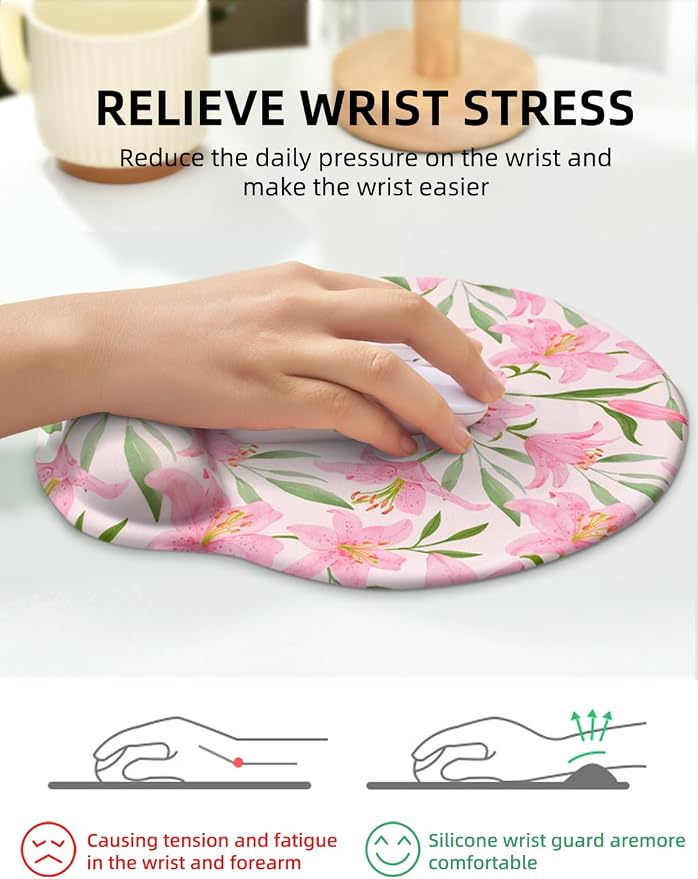Lily Floral Mouse Pad Wrist Support Wrist Rest, Flower Ergonomic Mouse Pad with Non-Slip Base for Office Gaming Working Computers,Desk Accessories Pain Relief Mouse Mat, Pink Flower