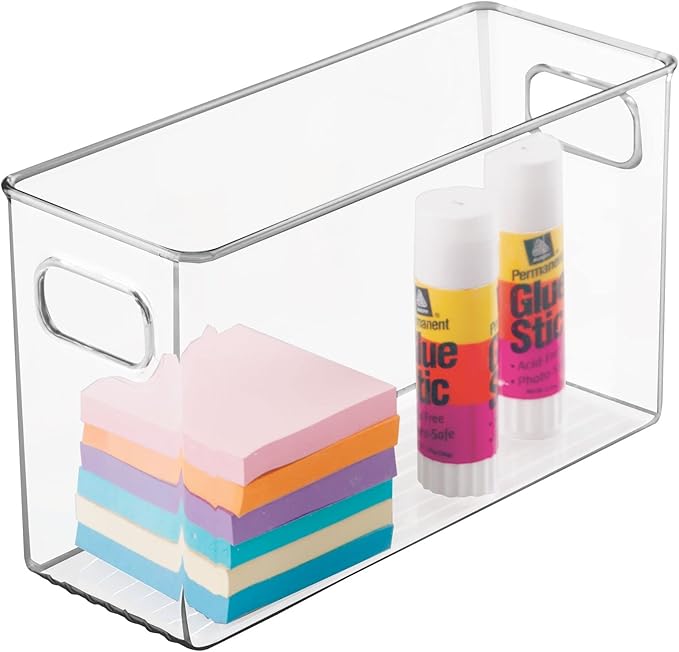 mDesign Plastic Office Storage Bin with Handles - 10" Long Office & Classroom Supply Organizer - Deep Plastic Container for Organizing Desk - Stationery & Pencil Bin, Linus Collection, Clear