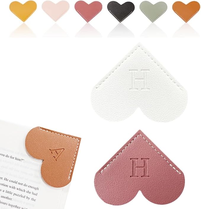 Personalized Leather Heart Bookmark, 26 Letters Customized Corner Book Mark for Reading Women, Book Marker with Initials，Cute Gifts (White+Deep Pink, H)
