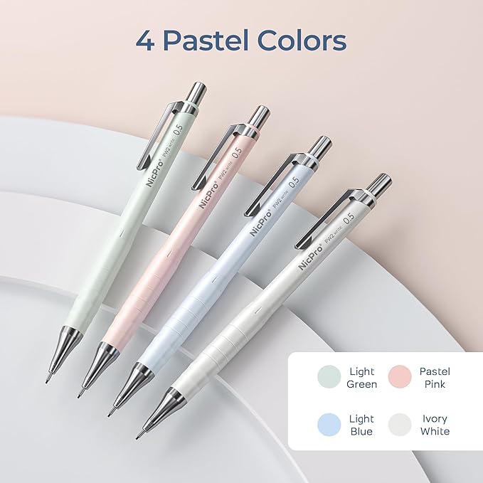 Nicpro Cute Mechanical Pencil Set, 4PCS 0.5mm Pastel Drafting Pencils with 4 Tube HB Lead Refills, 4B Erasers, Rotary Retractable Eraser and Eraser Refill for Writing Sketching Back to School Supplies