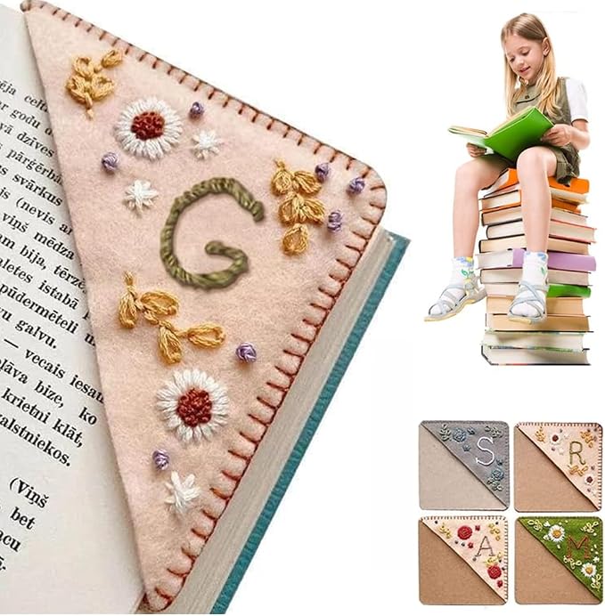 Personalized Hand Embroidered Corner Bookmark, 26 Letters Cute Flower Embroidered Corner Bookmark Embroidery Book Marker Clip for Book Lovers Bookmarks for Reading Lovers Meaningful GIF (Spring, G)