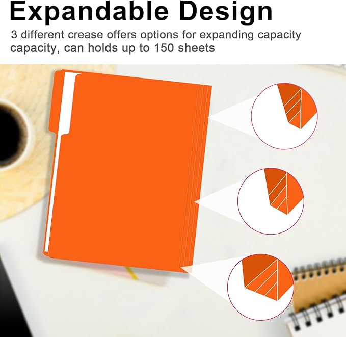 File Folder, RAZCC 150 Pack 1/3 Cut Tab File Folders Letter Size, Orange, Folders with Tab, Great for Organizing and Easy File Storage