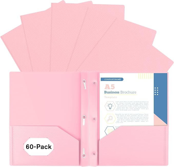 60-Pack Plastic andPockets and Prongs,2-Pocket and3 Fasteners, Pastel Folders Holds US Letter Size Paper for School/Office/Home, Pink