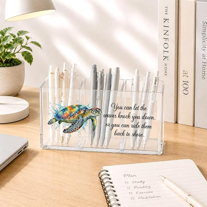Sea Turtle Acrylic Pen Holder for Desk 3 Compartment, Inspirational Ocean Desk Organizer Decor for Office Home, Back to School Beach Sea Turtle Gifts for Women Men Coworkers Sisters Teachers