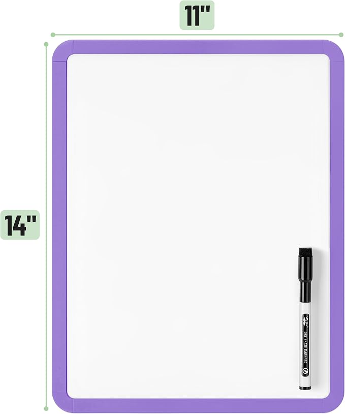 Mr. Pen- Dry Erase Board, 14” x 11” with a Black Dry Erase Marker, Purple Frame, Small Mini White Board for Students, Fridge, Wall, Locker, Includes Double Sided Tapes