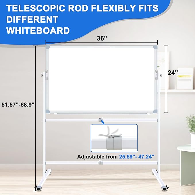 Max-officoo Double-Sided Whiteboard and Corkboard with Rolling Stand 36"x24" Mobile Magnetic Dry Erase Board on Wheels, Adjustable Height & Angle Standing Boards for Office, School, Home