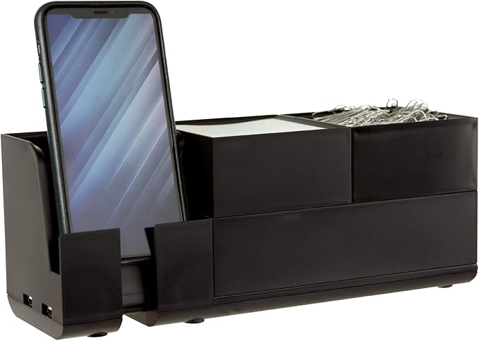 Bostitch Office Konnect Desk Organizer and Charging Station, 2 USB Ports & 2 Plugs, Charges Phones & Tablets, Accessory Tray, 4-Piece Design, Black