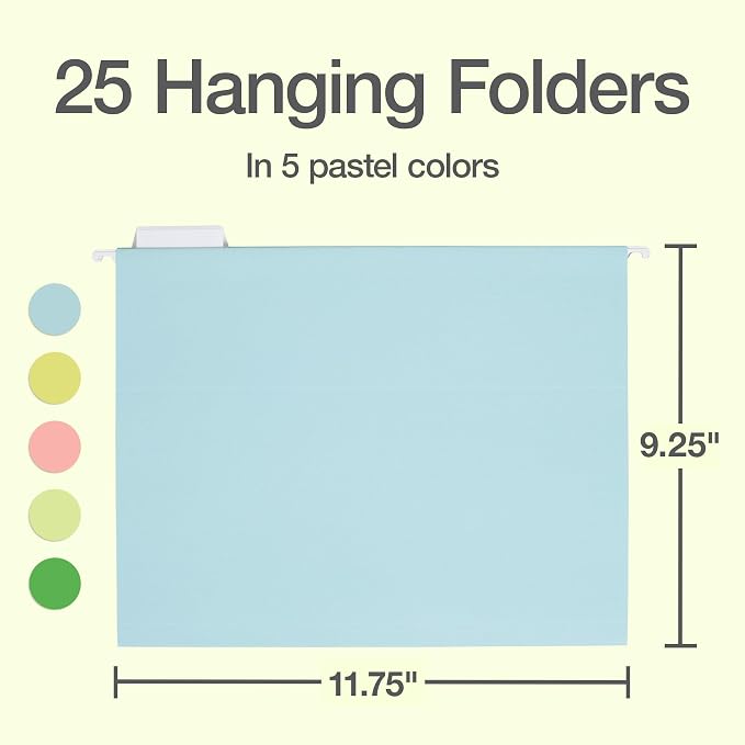 Oxford Hanging File Folders, 25 Pack, Letter Size (8.5" x 11"), 5 Pastel Colors, 5 Tab Positions, Includes Tabs and Inserts, Hanging Files for Office and Document Organization