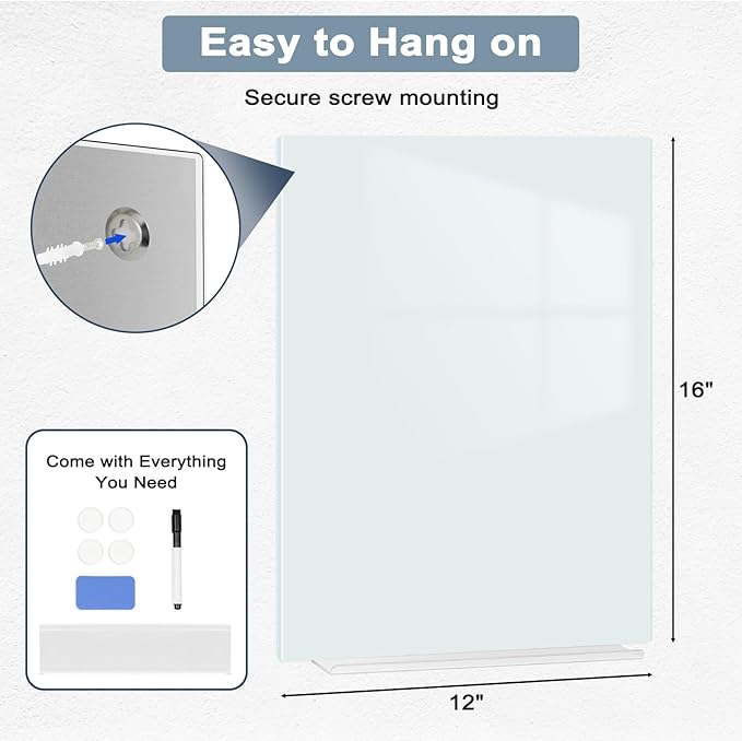 Magnetic Glass Whiteboard for Wall, 16" x 12" Glass Dry Erase Board, Frameless White Board for Home and Office - Normal White