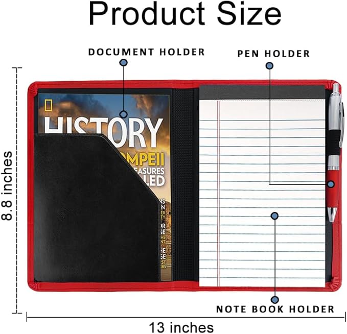Padfolio/Portfolio Binder, Mini Padfolio Portfolio Binder 5 x 8 Legal Writing Pad, A5 Document Organizer Folder for Men Women, Red.