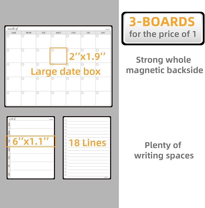 JJPRO Magnetic Monthly Calendar Whiteboard Set for Fridge-Monthly Planning Board and Two Bonus Dry Erase Grocery Board&Weekly Menu Board-Meal Planner Whiteboard/to-Do List-6 Markers