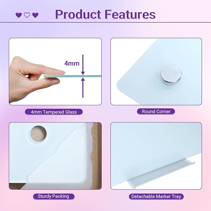 Magnetic Glass Whiteboard - 36” x 24” Glass Dry Erase Board for wall, Frameless Glass WhiteBoard for Office, Home & School