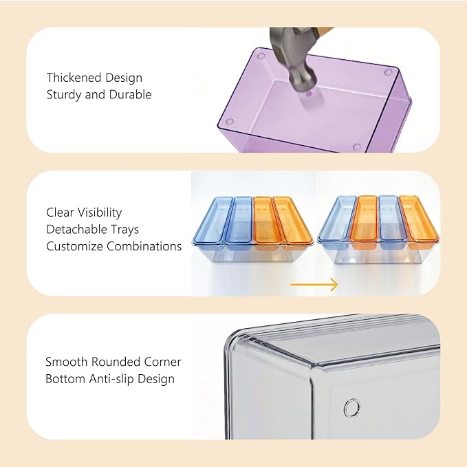MOSSRIVER 5 Pack Clear Drawer Organizer Set, Plastic Desk Organizer Bin with Lid & Trays, Colorful Storage Box with Removable Trays for Cosmetics, Jewelry, Bedroom, Bathroom, Office, Combo 08