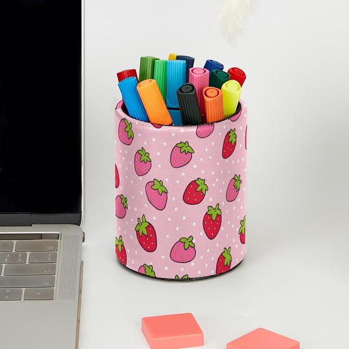 Pen Pencil Holder for Desk, Strawberry Makeup Brush Holders Leather Pen Organizer Pencil Caddy for Office Home Art Supply