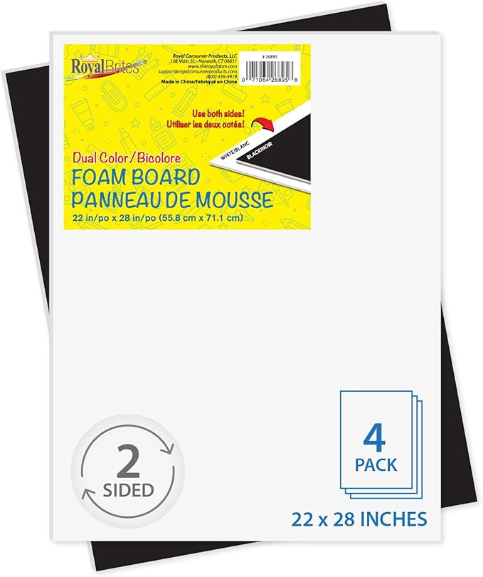 Royal Brites Dual Color Black/White Foam Board 22” x 28”, Sturdy & Lightweight 3/16" Thick Board for Art, Work Presentations, & School Projects, Pack of 4