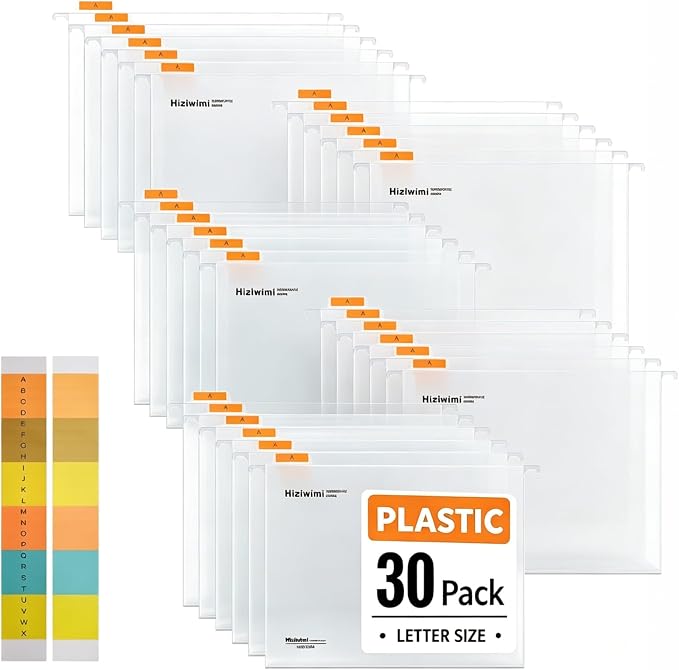 30 Pcs PP Hanging File Folders Letter Size,Transparent Hanging Folders with Tabs,File Folders for Filing Cabinet Hanging Files for Bulky Files,Medical Charts,Office AMD School Desktop File Storage
