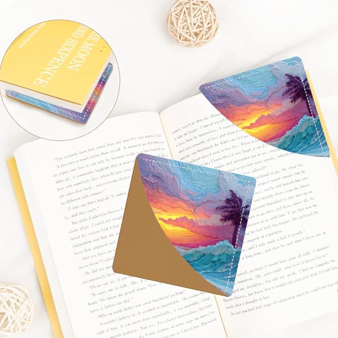 2PCS PU Leather Bookmarks 3.5x3.5 Inch Sunset Palm Wave Design | PU leather bookmarks for books with sunset palm wave design for vacation journals, beach reads, coastal decor lovers