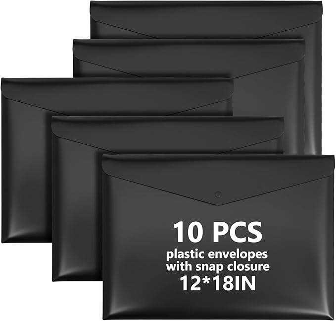 AmazingSpark 10 pack 11 * 17 in File Folder Tabloid Sized, Black Plastic Poly Envelopes with Snap Closure, Oversized Portfolio Binder, Important Document Organizer Storage for School Work Office Home