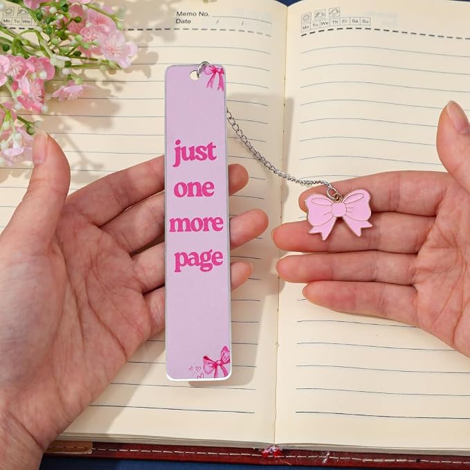 Pink Bowknot Stainless Steel Bookmark - Printed with Cute Bowknot Patterns & Equipped with Heart Pendants, Ideal for Female Readers, Perfect Birthday Gift for Girlfriends (Double-Sided D)