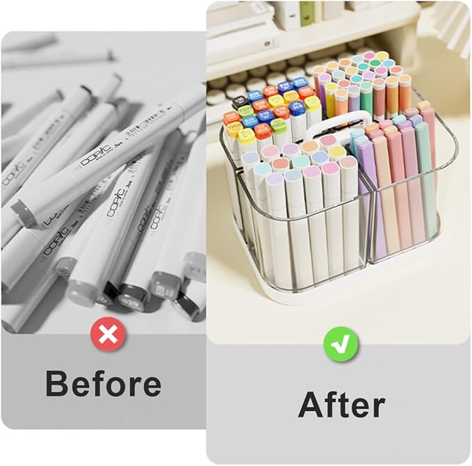 Small Plastic Portable Caddy with Handle, Stackable Pen Holder 4 Compartments, Clear Pencil Organizer for Art Supplies, Crafts, Colored Pencils, Stationery, Markers