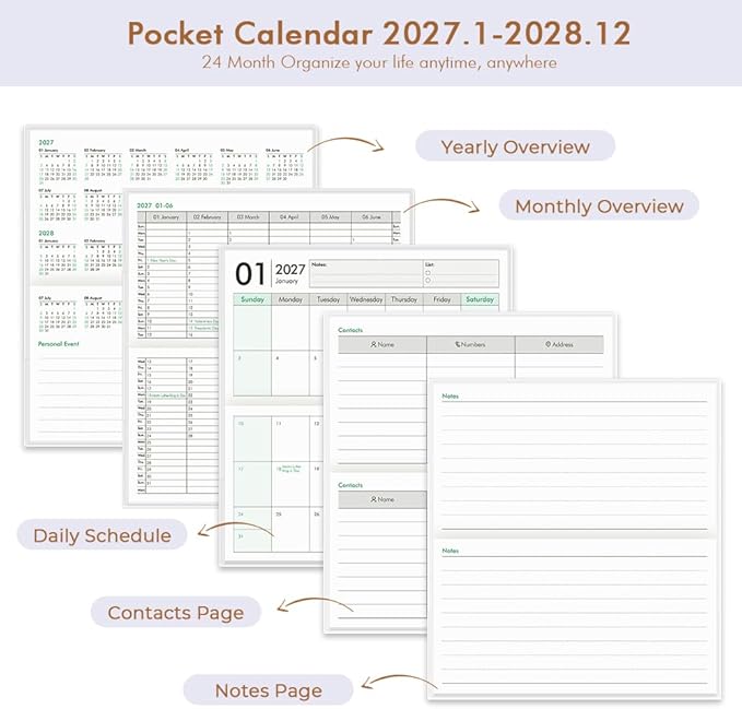 Pocket Calendar 2027-2028 for Purse, Small Pocket Planner 2027-2028 for Purse 3.5×6.5In, 24 Month Organizer from Jan 2027- Dec 2028 Mini Planner with Pvc Cover for Organizing & Planning