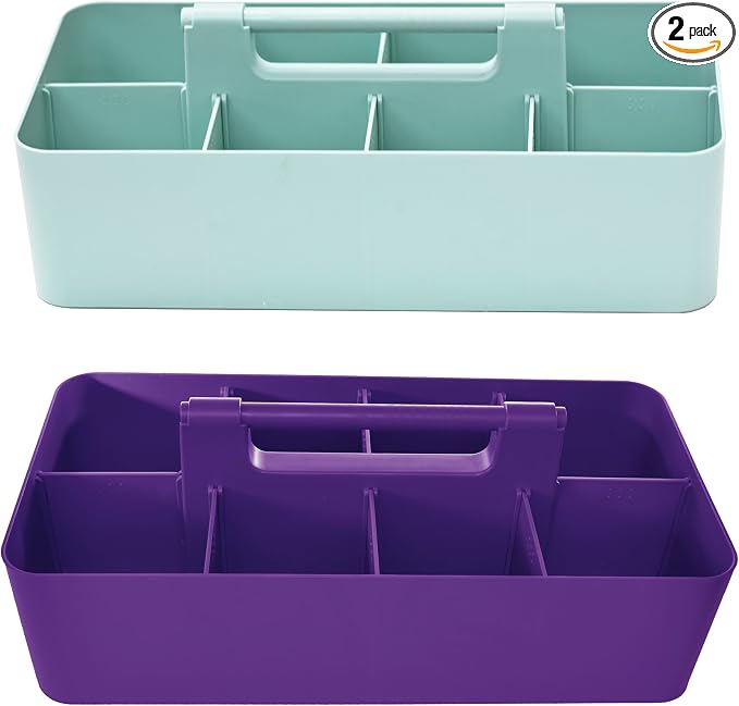 Portable Caddy Organizer -2 Stackable Plastic Caddy with Handle | Desk, Makeup, Dorm Caddy, Classroom Art Organizers (Made In Usa) (Mint/Royal Purple)
