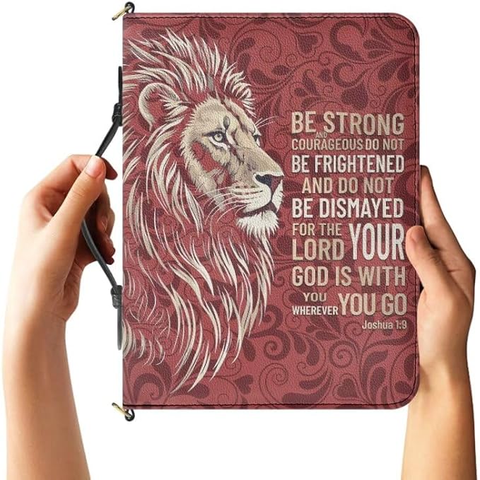 Large Bible Covers for Women, Red Bible Case with Strap and Handle, Lion Print Joshua 1:9 Faux Leather Biblia Protecto with Inner Pockets and Pen Loop, Christian Gifts for Men