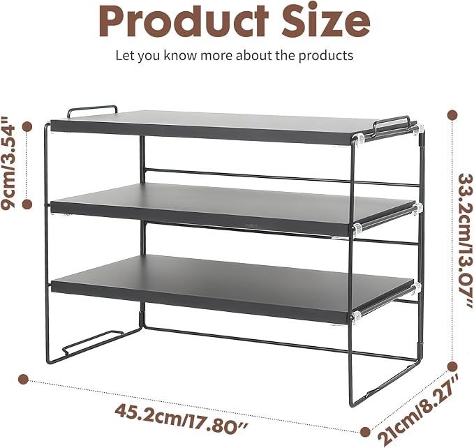 PowerKing Desk Shelf Organizer, 3-Tier Desktop Shelves with Wood Board, Adjustable Bookshelf Storage Rack for Home Office School Study Room (Black Frame + Black Wood)