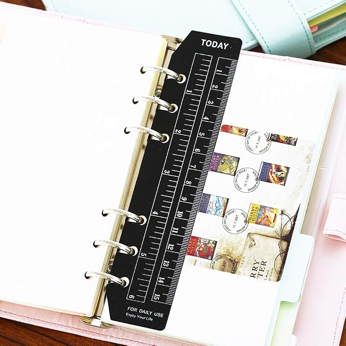JKJF 4 Pcs Plastic Page Marker Snap-in Bookmark Ruler Binder Ruler for A6 Size 6-Hole Notebook Filler - Clear and Black