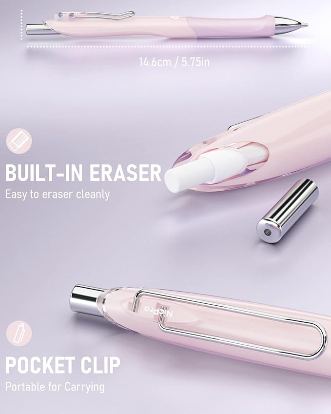 Nicpro 6PCS Pastel Mechanical Pencil Set 0.5 mm, Cute Mechanical Pencils with Comfort Grip with 12 Tubes HB Lead Refill, 3 Eraser, 9 Eraser Refills for Student Writing, Drawing, Sketching- with Case