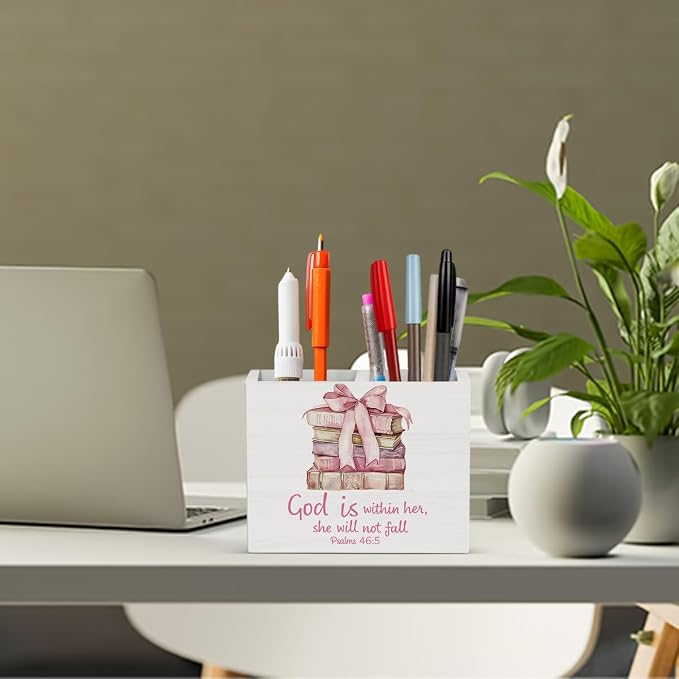 Christian Girly Office Decor Preppy Coquette Bow Room Decor for Girl Women Daughter Pink Pen Holder for Desk Girl Room Workplace Library Home desk decor Holder2832