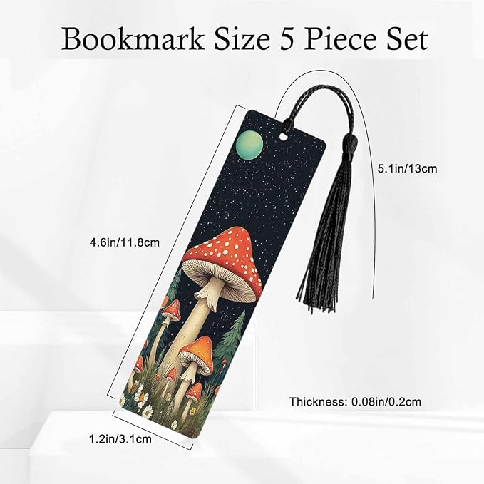 Mushrooms Bookmarks 5 Pcs with Tassels Dark Night Moon Stars Flowers Trees Wooden Bookmarks for Reading Women Students Teacher Reader